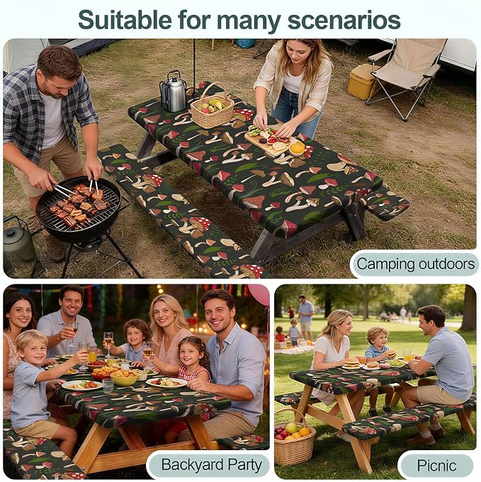 Picnic Table Cover Bench Covers Camping Essentials Tablecloth | Waterproof Vinyl for Outdoor, Windproof Elastic Fitted Edges, RV BBQ Accessories Must Haves, Storage Bag Included