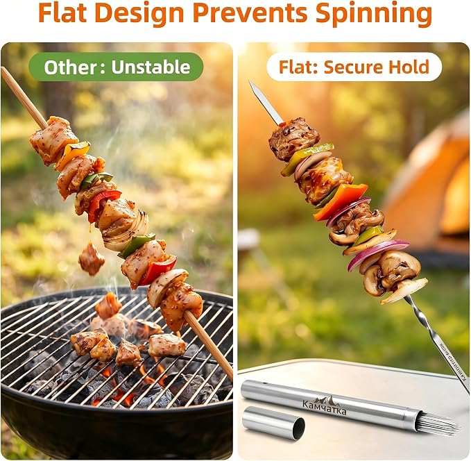 25 Pack Flat Non-Slip Stainless Steel Skewers | 13.5 Inch Length, Anti-roll Food Locking Design, Bend Resistant Thick Steel with Storage Tube for Grilling Kabobs