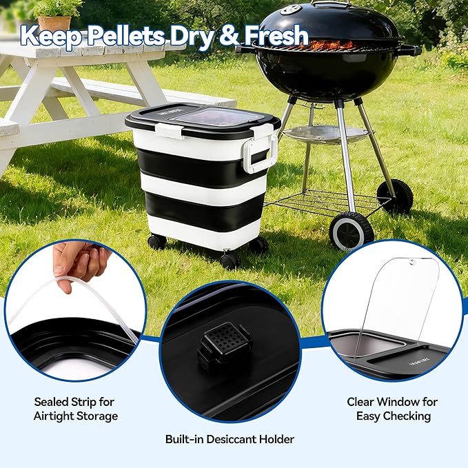 Wood Pellet Storage Container 30-40lbs, Airtight Bin with Locking Lid & Clear Window, Collapsible Pellet Bucket with Wheels, Scoop & Labels, Black & White
