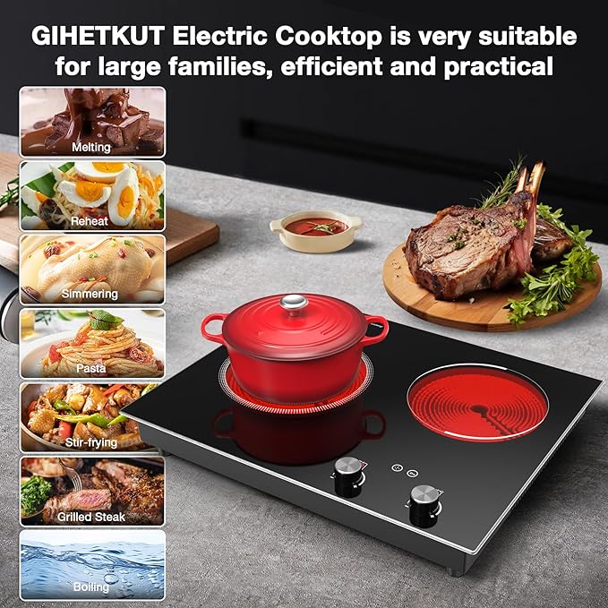 GIHETKUT Electric Cooktop,1110V 2100W 2 Burner stove,Built-in & Countertop Stove Top with10 Heating Level, Timer & Kid Safety Lock, LED Knob Touch Control 2 Burner Electric Cooktop