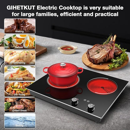 GIHETKUT Electric Cooktop,1110V 2100W 2 Burner stove,Built-in & Countertop Stove Top with10 Heating Level, Timer & Kid Safety Lock, LED Knob Touch Control 2 Burner Electric Cooktop