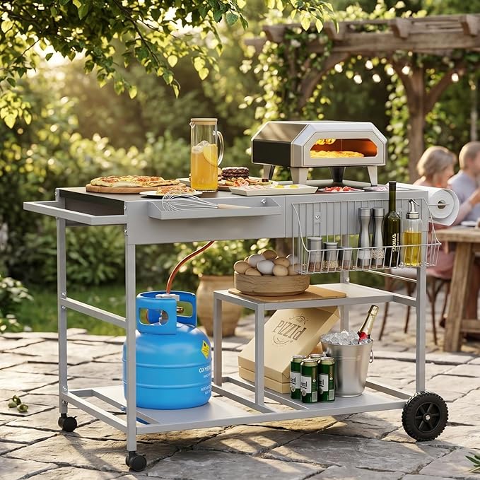 Vongrasig Pizza Oven Table with Topping Station, Patio Kitchen Island Outdoor Bar Cart, Outdoor Grill Cart with Storage for Blackstone Grill Ooni Pizza Ovens