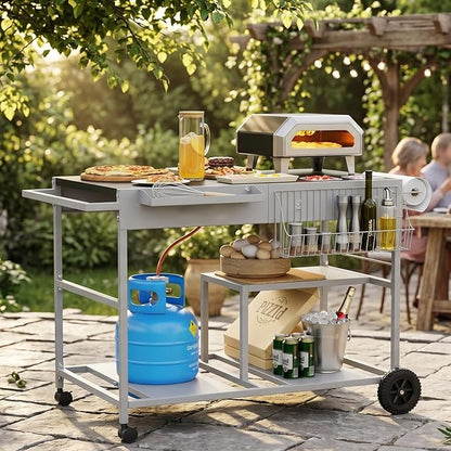 Vongrasig Pizza Oven Table with Topping Station, Patio Kitchen Island Outdoor Bar Cart, Outdoor Grill Cart with Storage for Blackstone Grill Ooni Pizza Ovens
