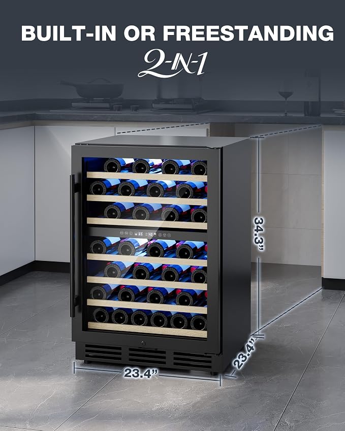 24 Inch Dual Zone Wine Fridge, 55-Bottle Wine Fridge Under Counter with Glass Door for Built-In or Freestanding, Wine Cooler Refrigerator with Removable Wooden Shelves, for Home/Bar/Office (Black)
