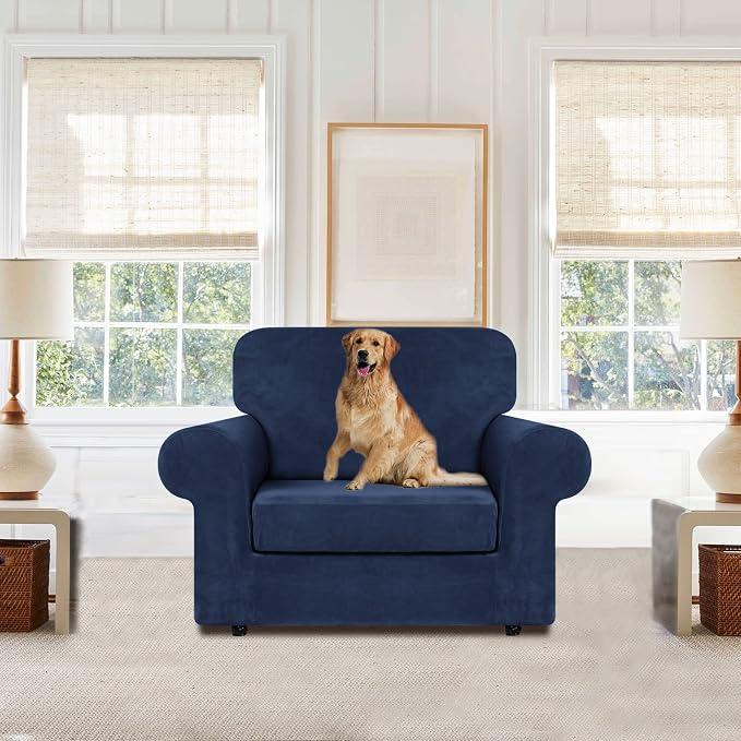 WEERRW Velvet Stretch 2 Pieces Chair Sofa Slipcovers Washable, Navy Blue | Armchair Slipcovers Luxury Soft Velvet Plush Furniture Protector Couch Cover with Elastic Bottom for Kids Pets, Small
