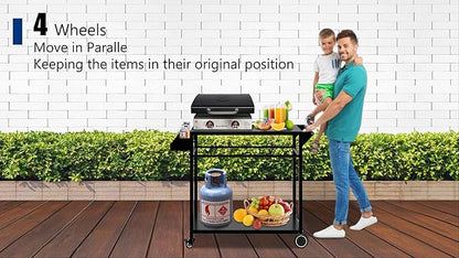 Koutemie Outdoor Grill Cart Table with 4 Wheels for Blackstone 17" or 22", Movable BBQ Food Prep Table Top, Double-Shelf Metal Pizza Oven Worktable with Spice Tray for Patio, Backyard, Black