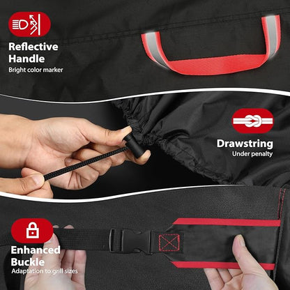 TOPCROWN Grill Cover for Outdoor Grill, BBQ Gas Grill Waterproof Anti-UV Oxford Fabric Windproof Design with Adjustable Straps, Fits Weber/Char-Broil/Nexgrill and More (420D Black+Red, 53" - 58")