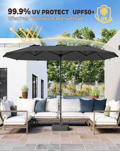 GDPFN 15FT Large Patio Umbrella with Base Included, Outdoor Deck Standing Umbrella with Crank Handle, Double-Side Rectangular Pool Umbrella for Outside, Market, Patio, Dark Gray