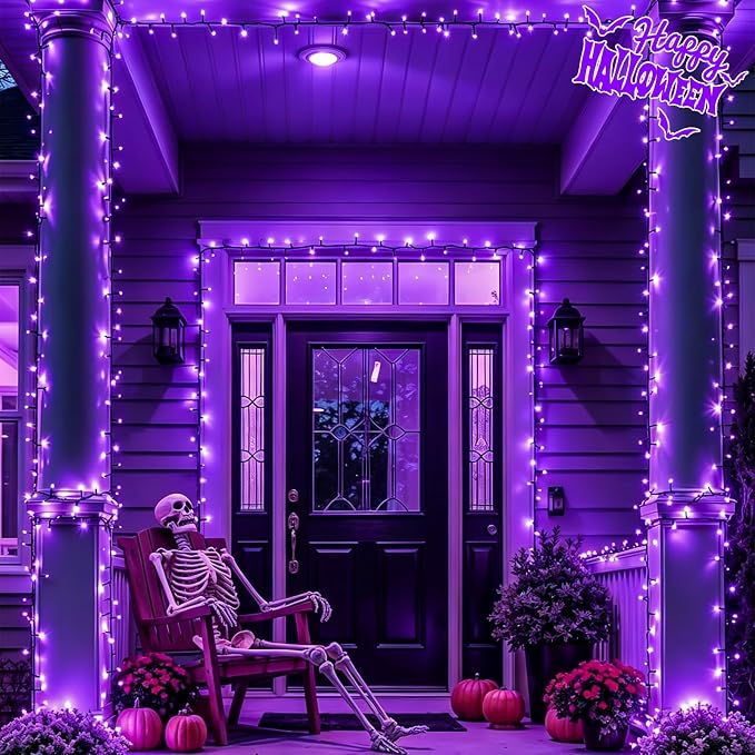 YEGUO 2 Pack Purple Solar Halloween Lights, Each 33ft 100 LED Solar String Lights Outdoor Waterproof, 8 Modes Solar Christmas Lights Outdoor for Bedroom Patio Garden Halloween Party Decor