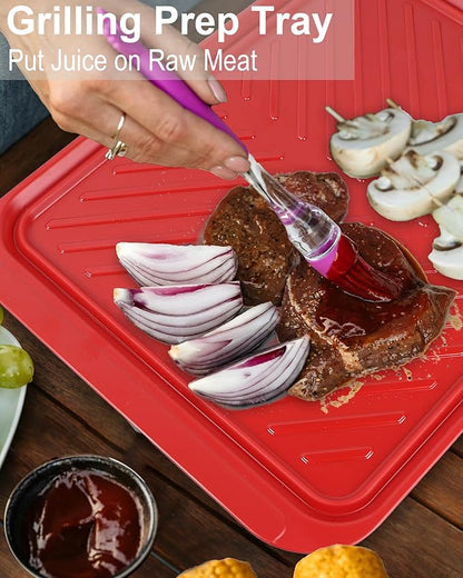 ECOIOU Large Grilling Prep and Serve Trays, 17.3" x 13" BBQ Platters for Raw and Cooked Food, Melamine Serving Trays for Food, Set of 2, Black and Red