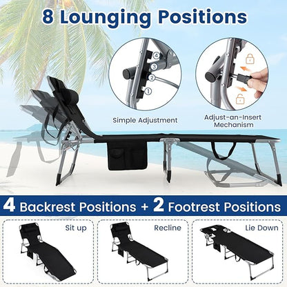 COSTWAY Tanning Chair with Face Hole, Folding Beach Lounge Chair with 4-Position Adjustable Backrest, Pillow & Side Pocket, Foldable Chaise Lounge Chair Outdoor for Sunbathing, Camping (2, Black)