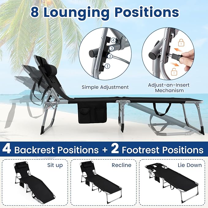 COSTWAY Tanning Chair with Face Hole, Folding Beach Lounge Chair with 4-Position Adjustable Backrest, Pillow & Side Pocket, Foldable Chaise Lounge Chair Outdoor for Sunbathing, Camping (1, Black)