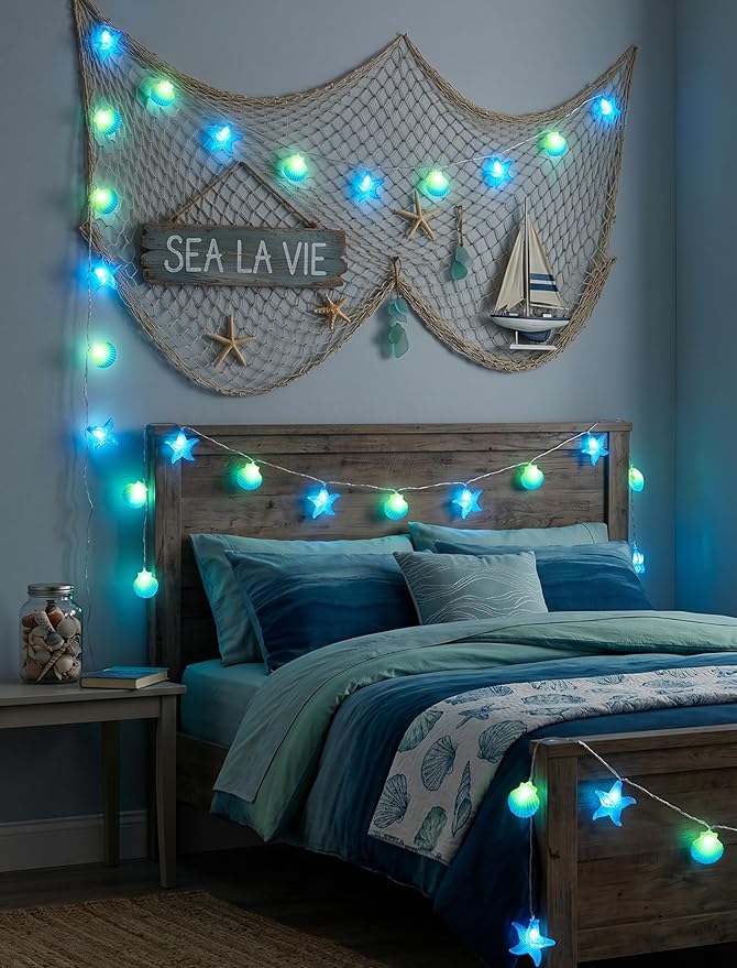 8.5Ft Beach Themed Seashell String Lights, 10L LED Starfish Seashell Lights Plug in for Boho Coastal Bedroom Seashell Party Nautical Party Holiday Decor, Indoor Outdoor