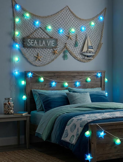 8.5Ft Beach Themed Seashell String Lights, 10L LED Starfish Seashell Lights Plug in for Boho Coastal Bedroom Seashell Party Nautical Party Holiday Decor, Indoor Outdoor