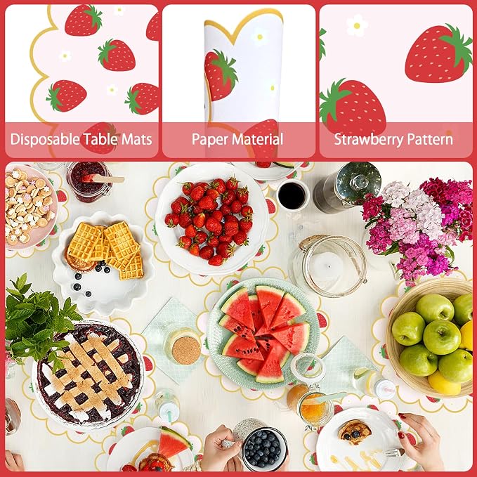 100Pcs Strawberry Paper Placemats Pink Fruit Place Mats 13.5 Inch Disposable Round Decorative Dining Table Mats with Scalloped Edge for Spring Summer Picnic BBQ Birthday Bridal Wedding Party Supplies