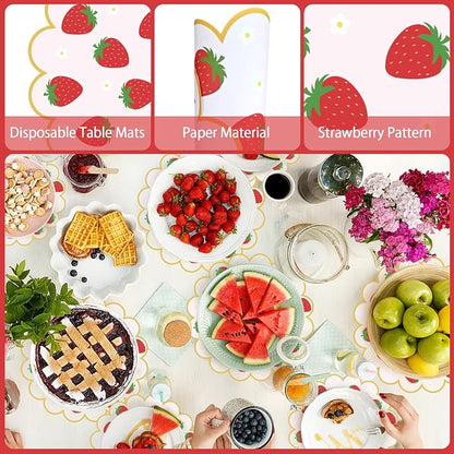 100Pcs Strawberry Paper Placemats Pink Fruit Place Mats 13.5 Inch Disposable Round Decorative Dining Table Mats with Scalloped Edge for Spring Summer Picnic BBQ Birthday Bridal Wedding Party Supplies