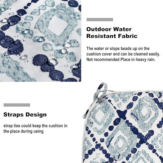 DYTXIII Set of 2 Outdoor Chair Cushions with Ties,Water Repellent Patio Chair Pads 17"x 16" for Outdoor Furniture,Round Corner Seat Cushions for Garden Yard Kitchen Boho Geometry Blue