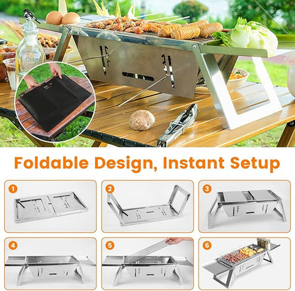 3-in-1 Portable Charcoal Grill Foldable Camping BBQ, Tabletop Stainless Steel Grill with Adjustable Fire Grate & Carry Bag for Outdoor, Picnic, Backyard (10.63x7.01in Cooking Area)