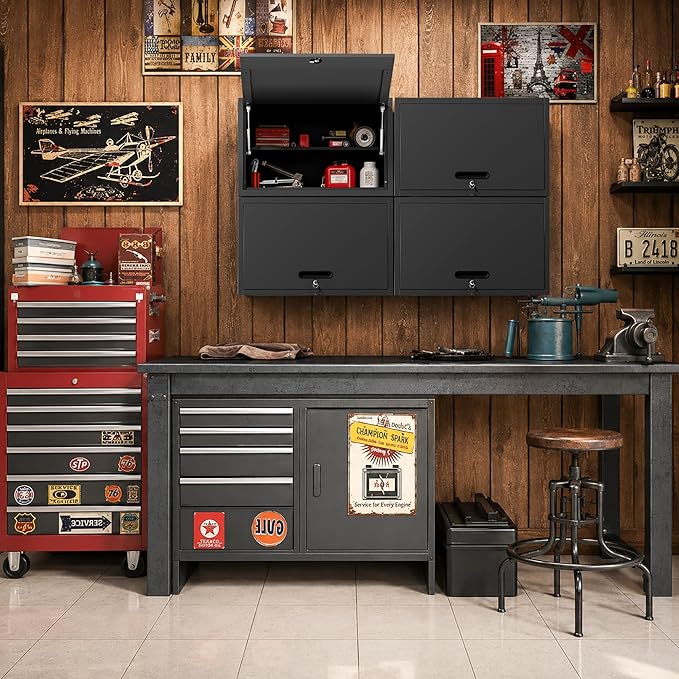 Garage Wall Cabinet with Flip-Up Door and Shelf, Lockable Metal Storage Cabinet Wall Mounted, Hanging Tool Cabinet for Garage Basement Utility Room, Black