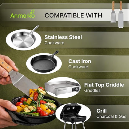 Anmarko Professional Griddle Spatula Set - Stainless Steel Metal Spatula and Griddle Scraper - Heavy Duty Commercial Grade