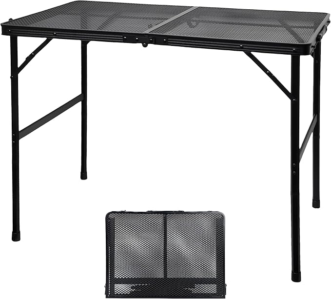 GREGIN Camping Table with Mesh Desktop, Lightweight & Portable Folding Grill Table, Height Adjustable Metal Outdoor Table for Camp, Cooking, BBQ, RV, Picnic-3 FT Black