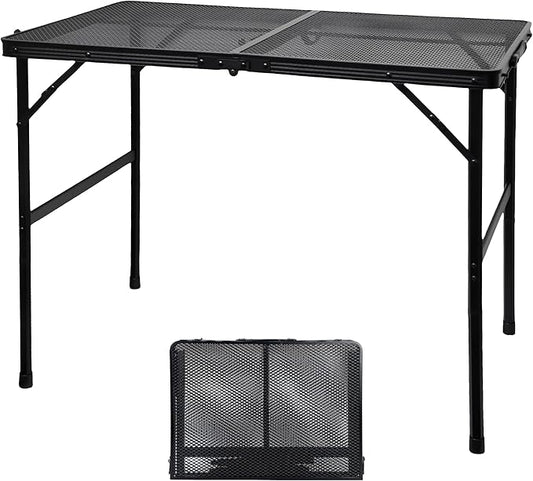 GREGIN Camping Table with Mesh Desktop, Lightweight & Portable Folding Grill Table, Height Adjustable Metal Outdoor Table for Camp, Cooking, BBQ, RV, Picnic-3 FT Black