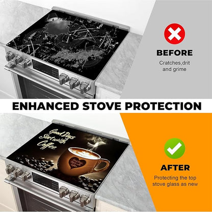 Heat-Resistant Glass Stove Top Cover with Anti-Slip Rubber Coating – Electric Stove Protector, Scratch-Resistant, Counter Space Decor Mat (coffee cup, 28.5"L x 20.5"W)