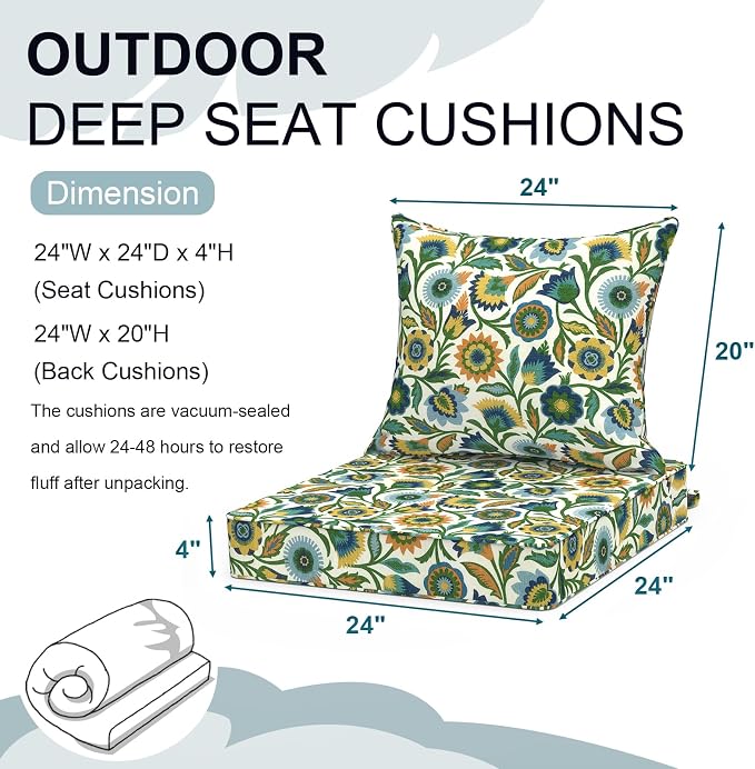 DYTXIII Outdoor Deep Seat Cushion Set, Water Repellent 24"x24" Patio Thick Cushions Replacement with Seat & Back Pillow for Patio Sofa, Wicker Chair, Couch - Fiesta Floral