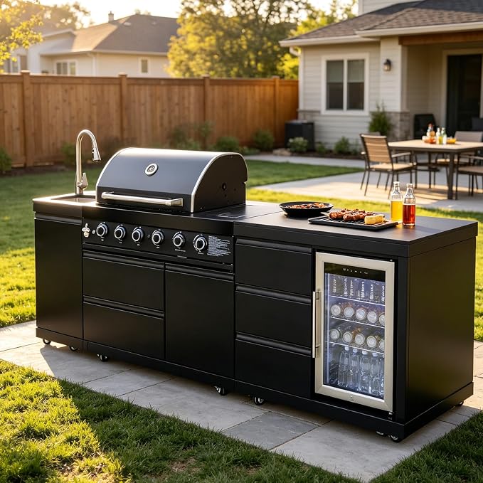 MAHARLIKA Modular Black Outdoor BBQ Kitchen island, 304 Stainless Steel Freestanding Propane Grill with Sink, Prep Counter & Built-in Drink Cooler for Patio Backyard Entertaining