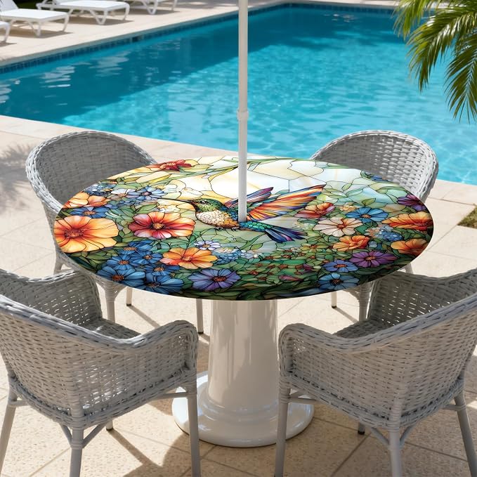 Outdoor Tablecloth with Umbrella Hole and Zipper Fits 32-36" Tables | Waterproof Round Fitted Tablecloth with Elastic Edge, Wipeable Outdoor Table Cover for Patio, Garden, Picnic