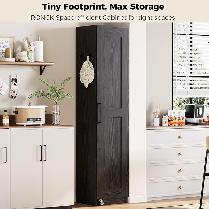 IRONCK Narrow Kitchen Pantry Cabinet, 72" H,Slim for Small Place, Black | Single Door with 6 Adjustable Shelves, Door Rack and Wheels, Space Saving Freestanding Storage Floor Cabinet