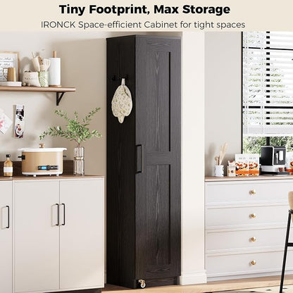 IRONCK Narrow Kitchen Pantry Cabinet, 72" H,Slim for Small Place, Black | Single Door with 6 Adjustable Shelves, Door Rack and Wheels, Space Saving Freestanding Storage Floor Cabinet