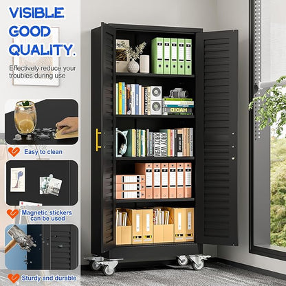 GAIOUS 71” Metal Garage Storage Cabinet with Lock and Wheels, Metal Storage Cabinet with Louvered Door and 4 Adjustable Shelves, Rolling Tool Cabinet, Utility File Cabinet for Home Office -Black