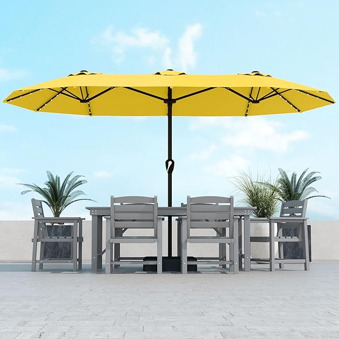Kingdura 15ft Large Patio Umbrella with Solar Lights, Double-Sided Rectangle Lighted Outdoor Table Umbrella with Base Included, 12 Reinforced Ribs, 48 Led Lights, Crank Lift for Market Pool Deck Backyard, Yellow