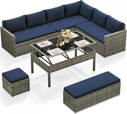 YITAHOME L-Shaped Patio Furniture Set, All Weather Wicker Outdoor Sectional Sofa Conversation Set with Dining Table and Ottoman, Navy Blue