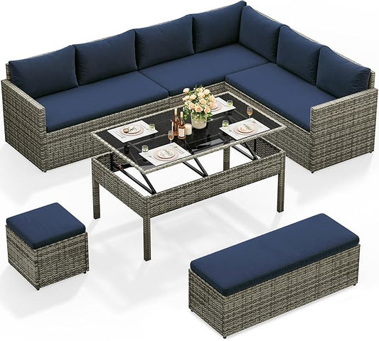 YITAHOME L-Shaped Patio Furniture Set, All Weather Wicker Outdoor Sectional Sofa Conversation Set with Dining Table and Ottoman, Navy Blue
