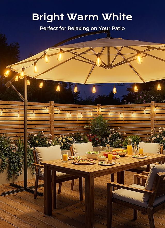 Brightown 52FT Solar String Lights Outdoor Waterproof, Patio Lights with Remote & Timer, USB/Solar Powered Dimmable Outdoor Lights, 15+1 LED Bulbs for Backyard Garden Camping Party - 26Hrs Runtime