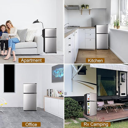Mini Refrigerator with Freezer, 3.5 Cu. Ft. Small Fridge with Freezer 2 Door Mini Fridge with 7-Level Adjustable Thermostat Removable Shelves, Compact Refrigerator for Office/Dorm/College/RV, Silver