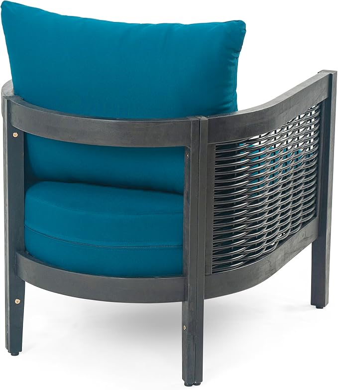 Christopher Knight Home Newine Acacia Wood Patio Accent Chair, Wooden Lounge Chair Outdoor, Wicker Club Chair with Removable Cushion, Comfy Reading Chair for Backyard/Garden/Balcony, Black+Dark Teal