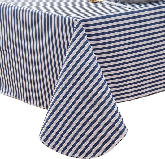 LIBERECOO 60" Round Vinyl Tablecloth with Flannel Backing, Blue Stripe Waterproof Overlocked Tablecloths Picnic Table Cover Plastic Table Cloth for Indoor & Outdoor