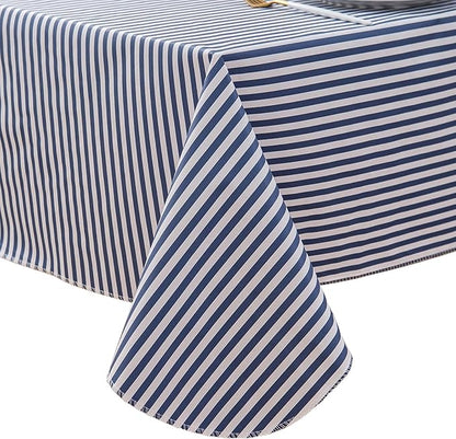 LIBERECOO Vinyl Tablecloth with Flannel Backing, Blue Stripe 60 x 84 Inch Rectangluar Tablecloths Stain-Resistant Waterproof Plastic Table Cover for Indoor/Outdoor