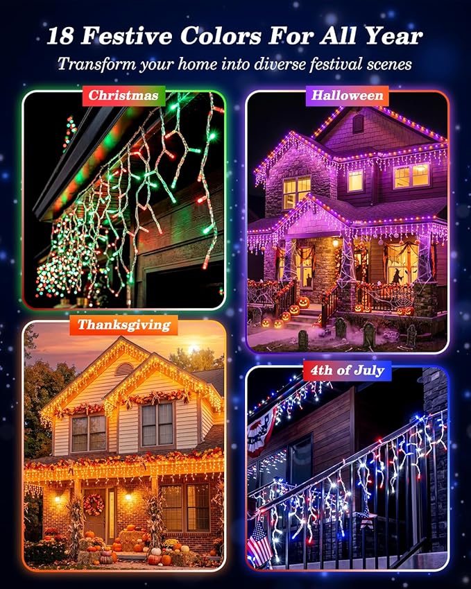 LitHome 26FT Color Changing Icicle Lights for Outdoor, 35 Colors Christmas Icicle Lights Outside with Remote Plug in, Red White and Blue Light Connectable for Xmas Holiday Roof Home Indoor Decor