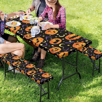 Picnic Table Cover with Bench Covers 3 PCS for Outdoor BBQ Camping Halloween Pumpkin Bat Camping Tablecloth with Elastic Band