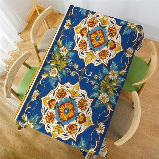 Swono Tablecloth 52"X70" Moroccan Blue, Geometric Turkish Floral Paisley Rectangle Table Cover Anti-Oil Tablecloth for Dining Tables, Parties, Wedding and Banquet Decoration