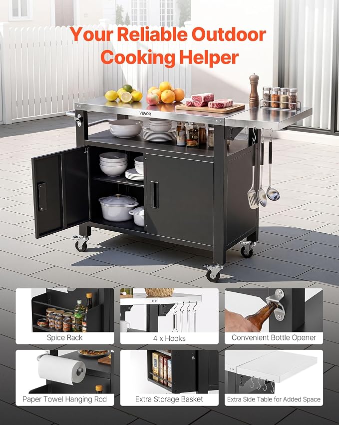 VEVOR Outdoor Grill Cart with Storage Cabinet, 55.1 Inch Grill Table, Waterproof Kitchen Island with Stainless Steel Top, Shelf, and Wheels, Movable Food Prep Station for Patio Bar Backyard BBQ