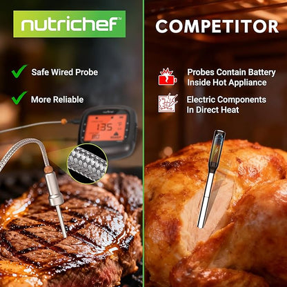 NutriChef Smart Bluetooth BBQ Thermometer with Travel Zip Case, Upgraded Stainless w/ 2 Temperature Probes, LCD Display, Done Alarm Android iPhone, Gas Charcoal BBQ Smoker Temp Monitoring