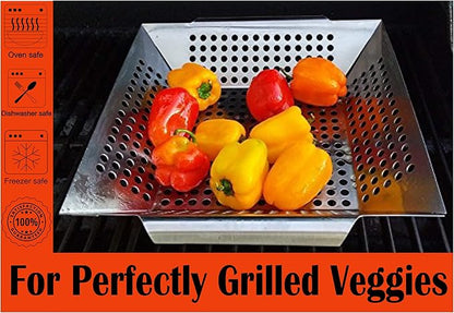 Professional Grade Stainless Steel Grill Basket, BBQ Accessories, Meats, Vegetables, Seafood, Pizza, Kabob. Fits Charcoal, Gas Grills Camping Cookware Grill Tool Gift for Dad