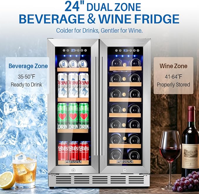 24 Inch Wine and Beverage Refrigerator Dual Zone Wine Fridge Beverage Cooler Large Capacity Holds 88 Cans and 20 Bottles, Built-In or Freestanding with Glass Door for Kitchen, Home Bar