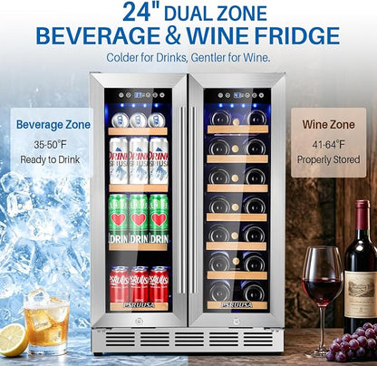 24 Inch Wine and Beverage Refrigerator Dual Zone Wine Fridge Beverage Cooler Large Capacity Holds 88 Cans and 20 Bottles, Built-In or Freestanding with Glass Door for Kitchen, Home Bar