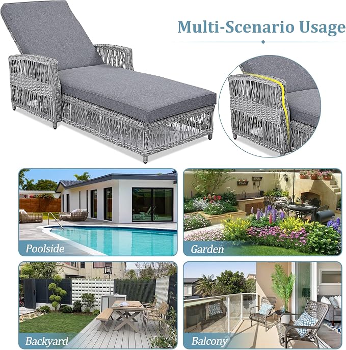 Merax Outdoor Rattan Chaise Lounge Set of 2, All Weather Wicker Patio Reclining Chairs with 4 Adjustable Backrest and Armrests, Sunbathing Recliner & Soft Removable Cushions for Poolside, Garden, Gray